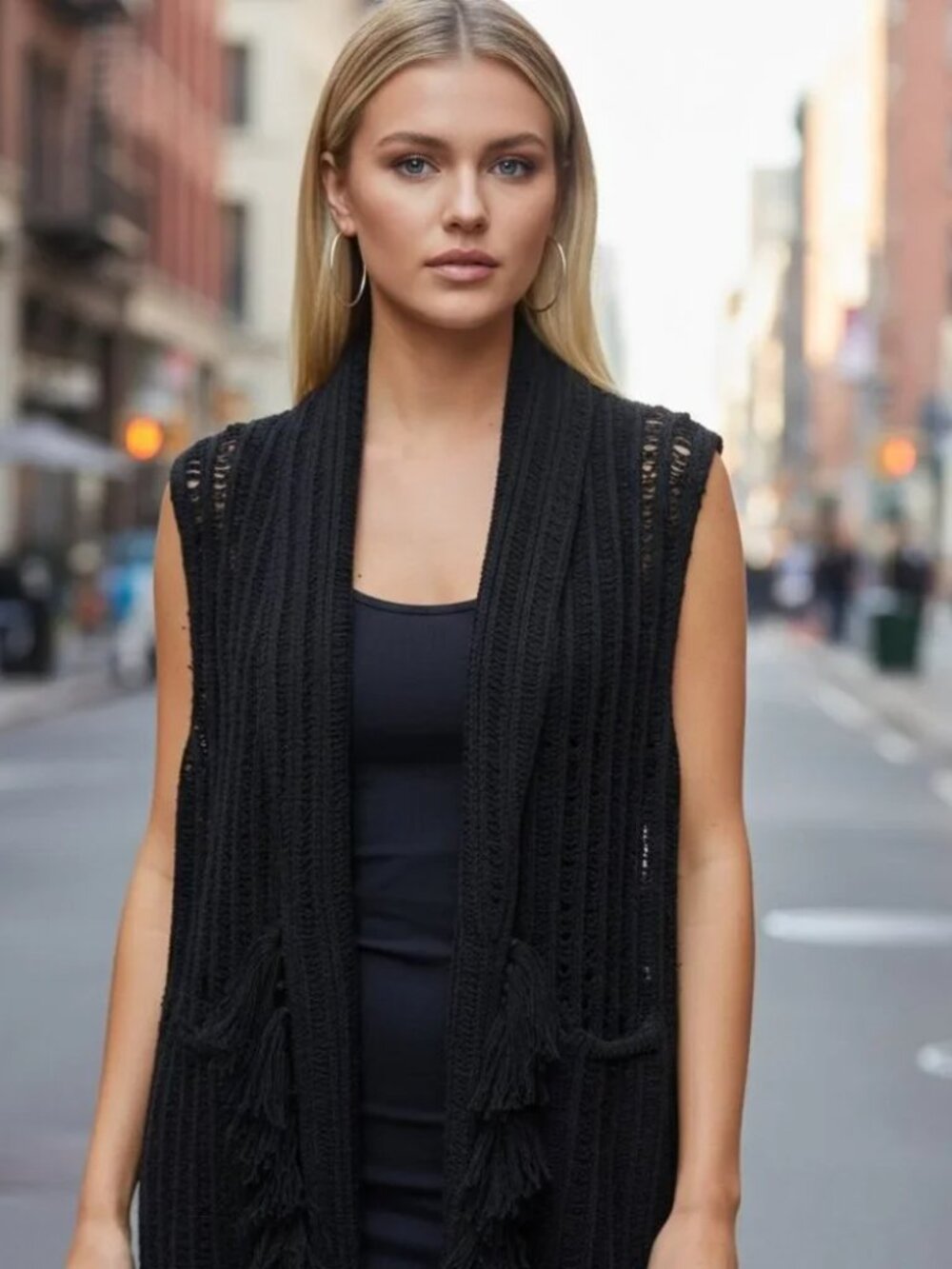 ALICE + OLIVIA Black Wool Sweater Vest M Cardigan Long Duster Shaggy Fringe RARE
